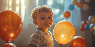 Child smiling joyfully while holding orange balloon at a birthday celebration in a brightly lit room with colorful decorations photo