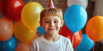 Young boy celebrates his birthday with colorful balloons and a party hat in a festive indoor setting photo