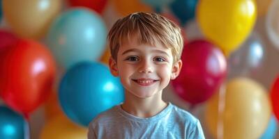 Happy young boy smiling in front of colorful balloons at a cheerful celebration photo