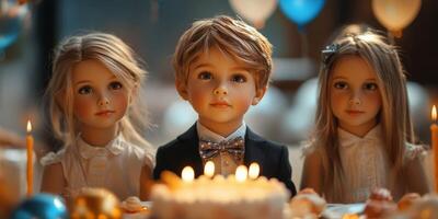Children celebrate a birthday with dolls, cake, and candles in a festive indoor setting photo