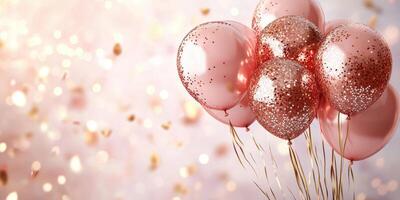 Celebratory pink balloons with confetti floating in a festive atmosphere photo