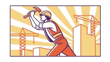 Construction Worker Hammering Building Site Crane Tower vector