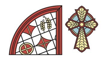 Stained Glass Window Design Religious Cross, Wheat, Geometric Patterns vector