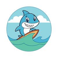 Happy Shark Surfing Ocean Waves Summer Fun Cartoon Illustration vector