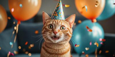 Festive orange tabby cat wearing a party hat surrounded by colorful balloons and confetti during a celebration at home photo