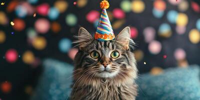 Cat celebration with colorful party hat in a festive setting filled with confetti and vibrant decorations photo