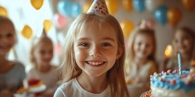 Celebrating a joyful birthday party with children wearing party hats and smiling happily in a decorated room photo