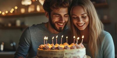 Couple celebrating a birthday with a cake and candles in a cozy setting during the evening photo