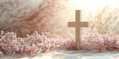 Wooden cross stands amidst blooming cherry blossoms during sunset in a serene garden setting photo