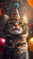 Cute cat celebrates birthday with party hat and colorful decorations photo