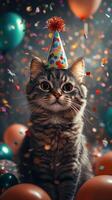 Cute cat celebrates birthday with party hat and colorful confetti in a festive atmosphere photo