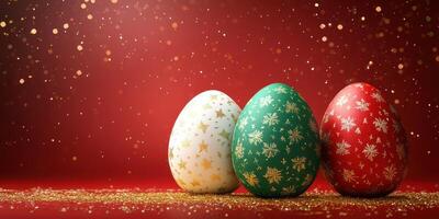 Colorful decorated eggs with golden patterns against a festive red background photo