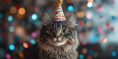 Cute cat wearing a colorful party hat celebrates a joyful occasion with festive decorations in the background photo
