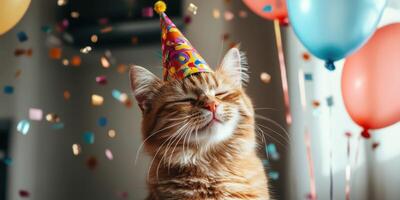 Cat celebrates birthday with party hat and colorful decorations in a cheerful indoor setting photo