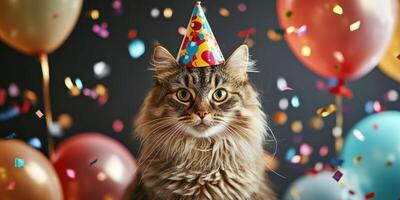 Cute fluffy cat wearing a party hat celebrates with colorful balloons and confetti during a festive birthday party photo