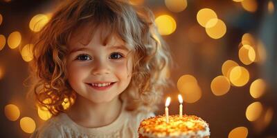 Child celebrates birthday with cake and candles surrounded by warm glowing lights in cheerful atmosphere photo