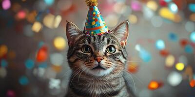 Cat wearing a colorful party hat celebrates with confetti in a festive atmosphere photo