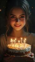 Girl celebrating her birthday with a cake adorned with candles in a softly lit environment at night photo