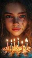 Young girl celebrating birthday with cake and candles in a warm glow near evening light photo