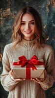 Smiling woman holds a beautifully wrapped gift with a red bow against a textured backdrop photo