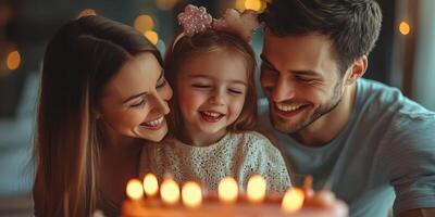 Family celebrates a birthday together with a joyful girl and delicious cake in a warm, cozy atmosphere photo