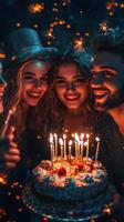 Friends celebrate a joyful birthday party with cake and candles in a festive atmosphere during the evening photo