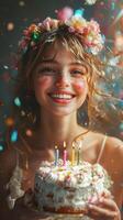 Celebrating a joyful birthday with colorful confetti and a delicious cake in a cheerful atmosphere photo