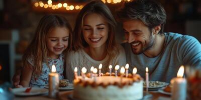 Family celebration with cake and candles in a cozy setting during a birthday party in the evening photo