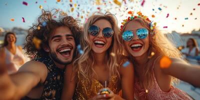 Celebration at sunset with friends enjoying a lively party and colorful confetti in the background photo