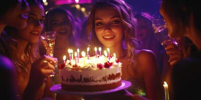 Friends celebrate a birthday with candles and a cake at a vibrant nighttime party photo