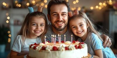 Happy family celebration with father and daughters around a birthday cake adorned with candles photo
