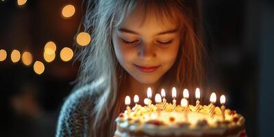 Young girl celebrating birthday with lit candles on cake surrounded by soft glowing lights in a cozy indoor setting photo
