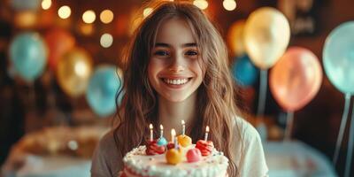 Cheerful girl celebrates birthday with cake and candles in festive setting with colorful balloons photo