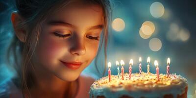 Young girl celebrating her birthday with a cake and lit candles in a softly lit room during evening celebration photo