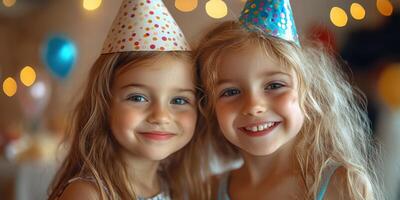 Two young children smiling at a birthday party with colorful decorations and festive hats photo