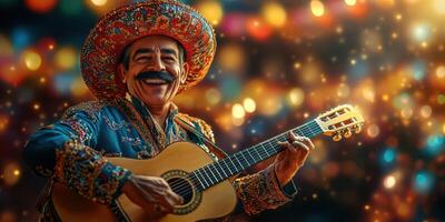 Celebrating music with a mariachi musician playing guitar at a lively festival in vibrant attire photo
