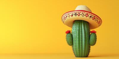 Cactus wearing a colorful sombrero with vibrant flowers against a bright yellow background photo