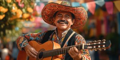 Smiling musician playing guitar during a vibrant festival in Mexico, surrounded by colorful decorations and lively atmosphere photo