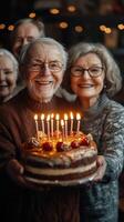 Elderly couple celebrates birthday with friends, smiling and holding a cake adorned with candles at a cozy indoor gathering photo