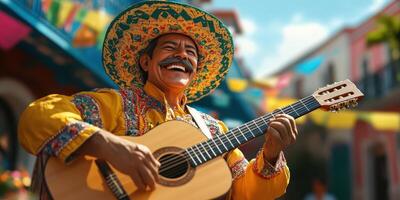 Celebrating culture with a joyful musician playing guitar in vibrant traditional attire during a festive outdoor event photo