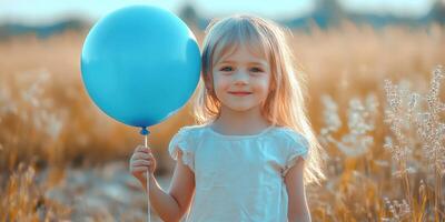 Young child smiles while holding a blue balloon in a sunlit field during a warm afternoon photo