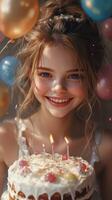 Smiling girl celebrating birthday with cake and balloons in a festive atmosphere photo