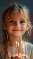 Smiling child celebrates birthday with candles on cake and joyful expression in cozy indoor setting photo
