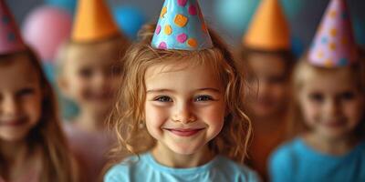 Smiling girl wears party hat at cheerful birthday celebration with friends in the background photo