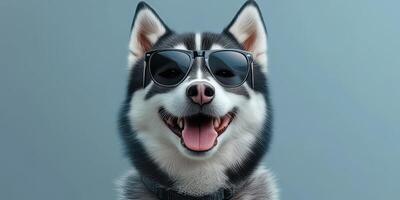 Happy husky wearing sunglasses poses against a solid background with a joyful expression on a sunny day photo