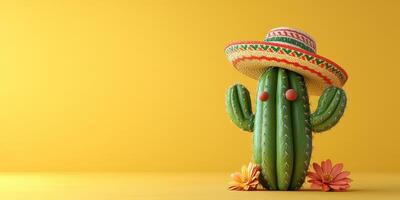 Colorful cactus wearing a sombrero and surrounded by vibrant flowers on a bright yellow background photo