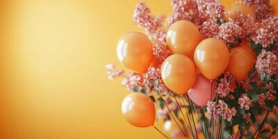 Colorful orange balloons and pink flowers create a festive atmosphere in a studio setting photo
