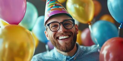 Happy man celebrating birthday surrounded by colorful balloons and wearing a party hat in a festive atmosphere photo