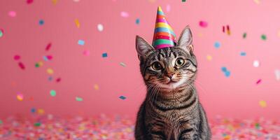 Celebration with a playful cat wearing a party hat surrounded by colorful confetti on a pink background photo