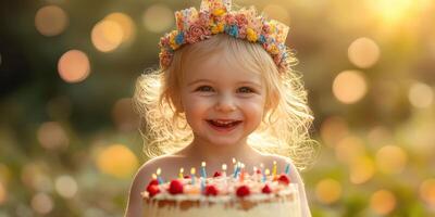 Happy child celebrating birthday with a cake adorned with candles in a sunny garden setting photo